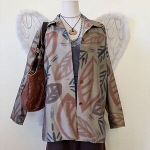 Forest Girl Indie Grunge 100% Silk Abstract Leaf Print Button Up Shirt Earthy